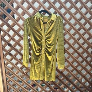 Green velvet long sleeve button down dress